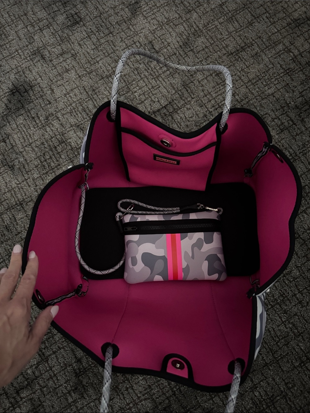 HAUTE SHORE Gray Camo Tote with Pink & Red Center Stripes with matching wristlet - Picture 6 of 6